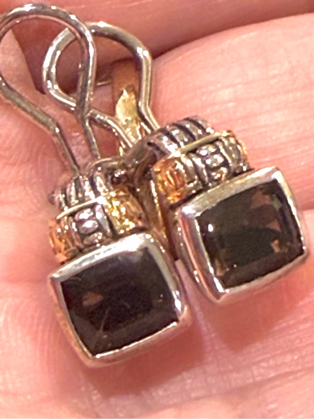 Lagos Caviar Two Tone Sterling Silver 18K Gold Smoky Quartz French Clip Earrings